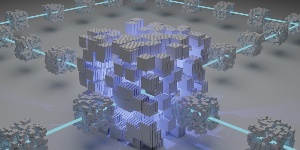 Abstract 3D rendering of interconnected geometric blocks linked by glowing lines, symbolizing a distributed blockchain network
