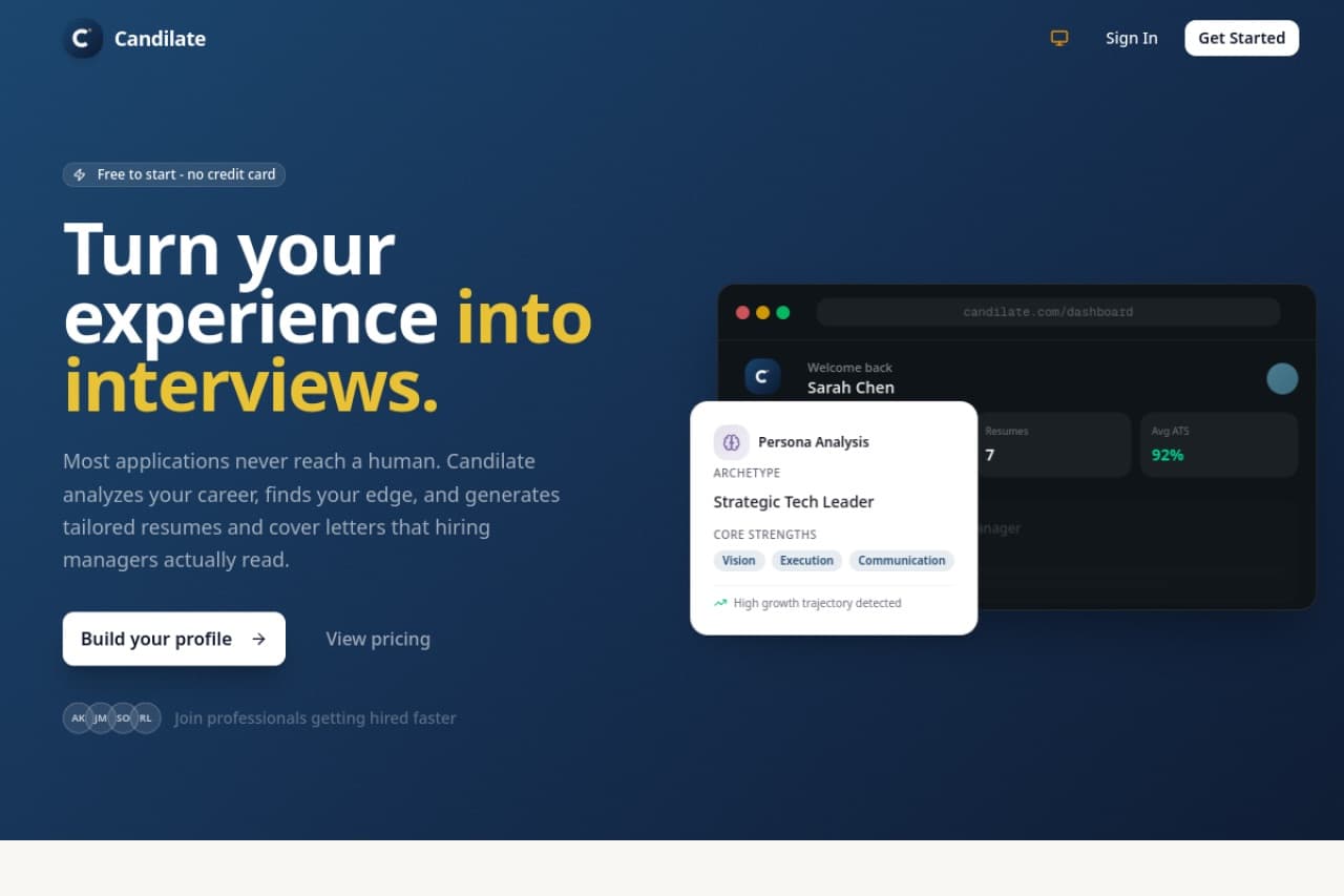 Candilate landing page: the headline “Turn your experience into interviews” beside a dashboard preview showing a persona analysis with archetype and core strengths