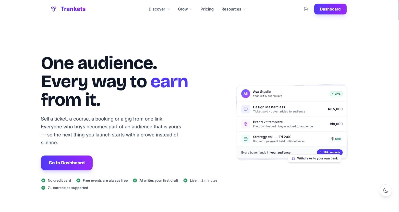 Trankets landing page: the headline “One audience. Every way to earn from it.” beside a creator dashboard showing a ticket sale, a downloaded template and a booked call, each adding a buyer to the creator's audience